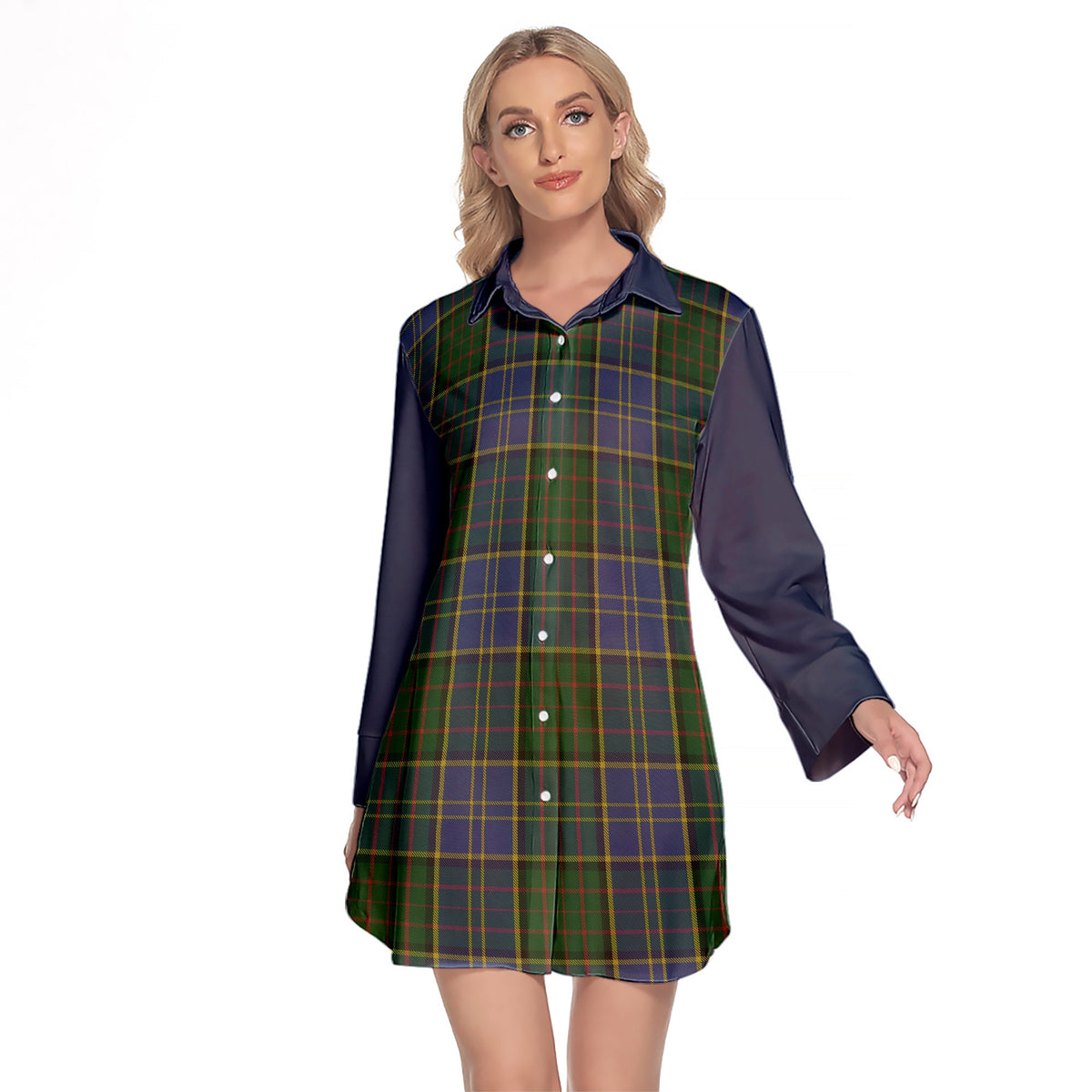 MacMillan Hunting Tartan Women's Lapel Shirt Dress With Long Sleeve