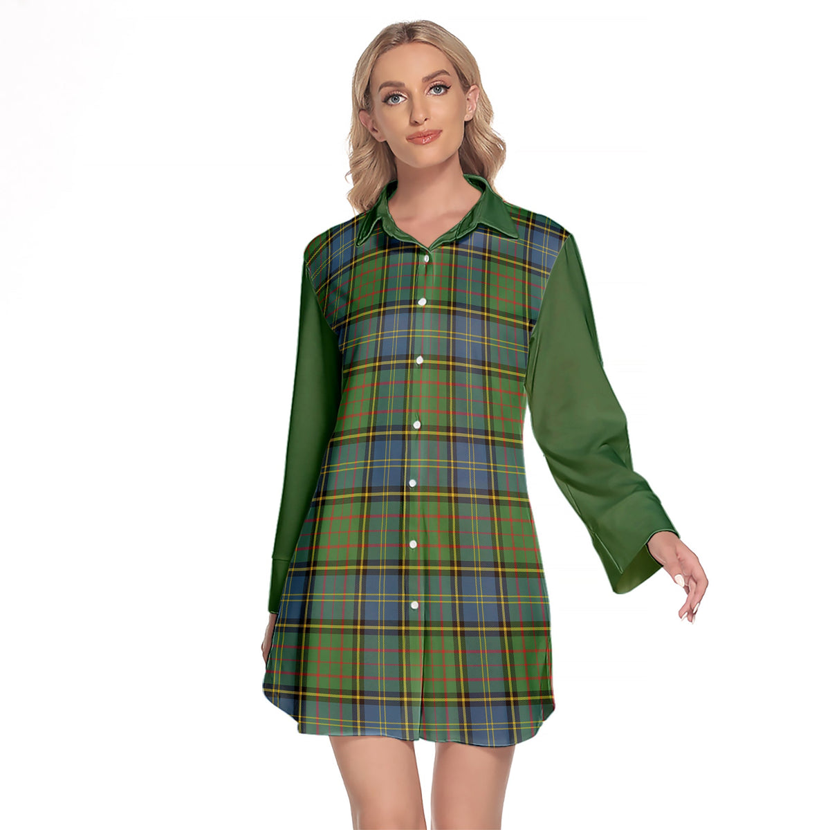 MacMillan Hunting Ancient Tartan Women's Lapel Shirt Dress With Long Sleeve