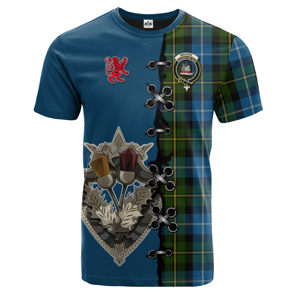 MacNeil of Barra Tartan T-shirt - Lion Rampant And Celtic Thistle Style