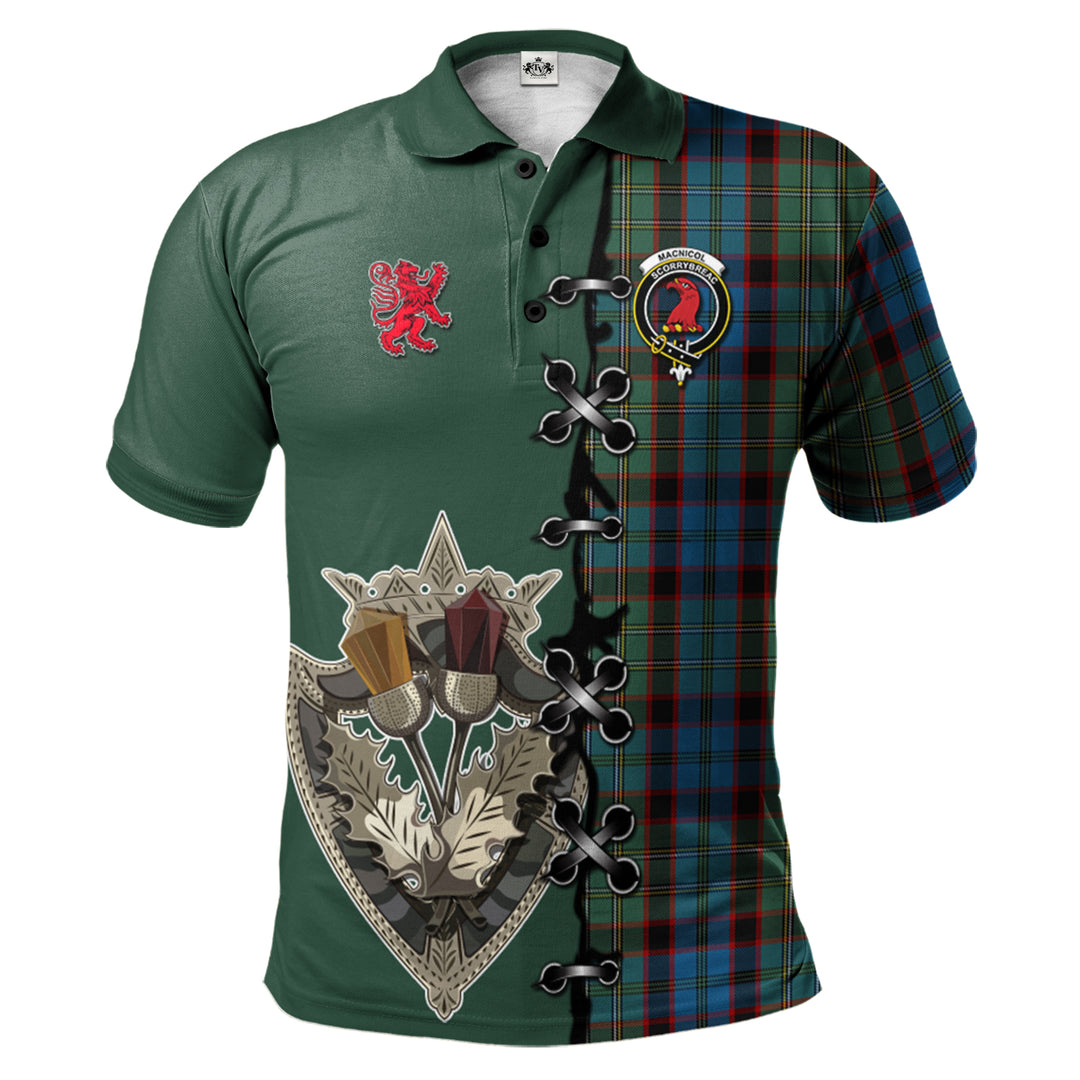 MacNicol Hunting Tartan Polo Shirt - Lion Rampant And Celtic Thistle Style