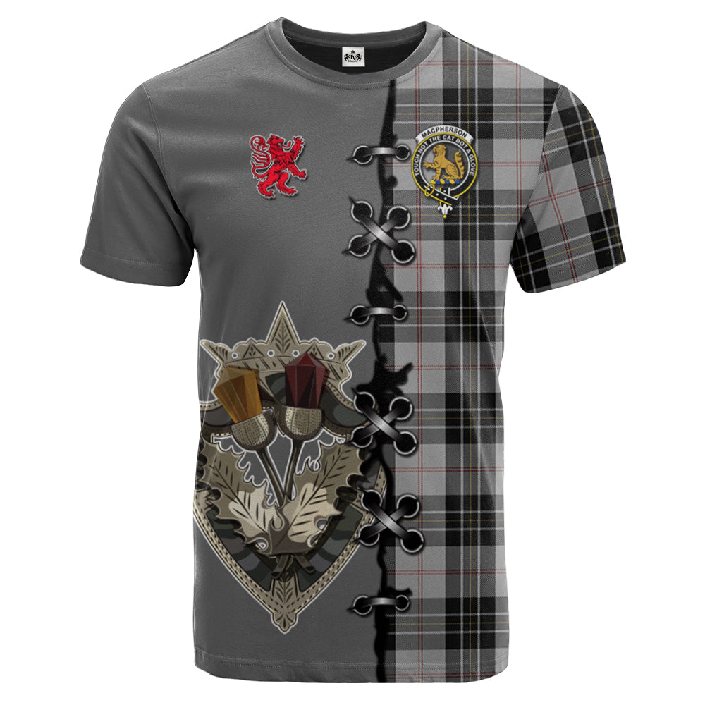 MacPherson Dress Tartan T-shirt - Lion Rampant And Celtic Thistle Style