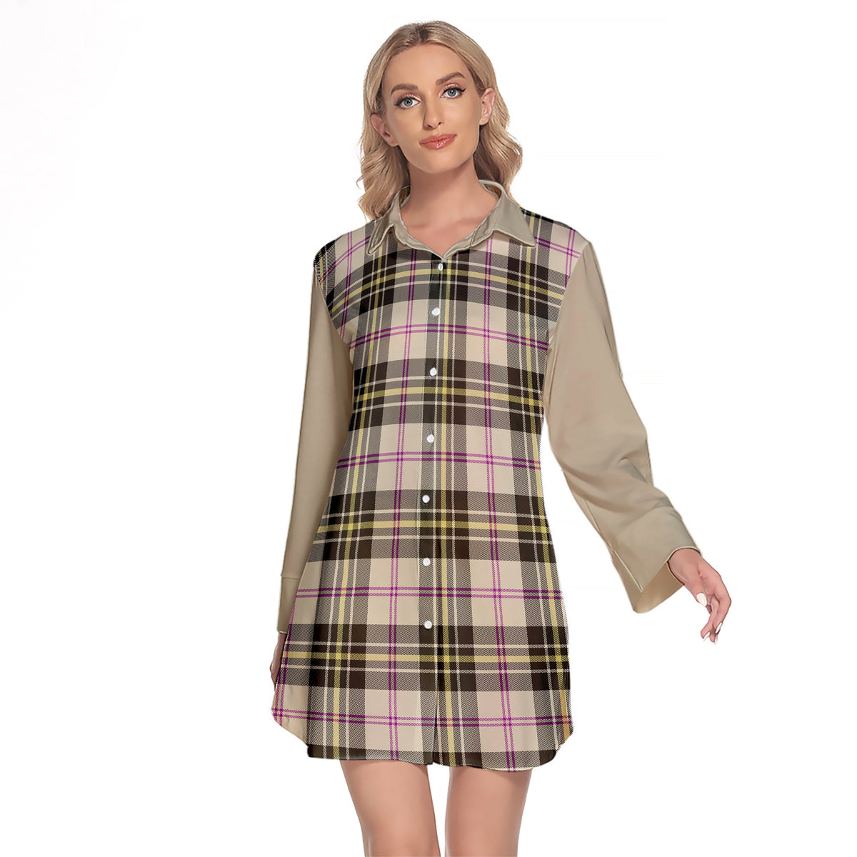 MacPherson Dress Ancient Tartan Women's Lapel Shirt Dress With Long Sleeve