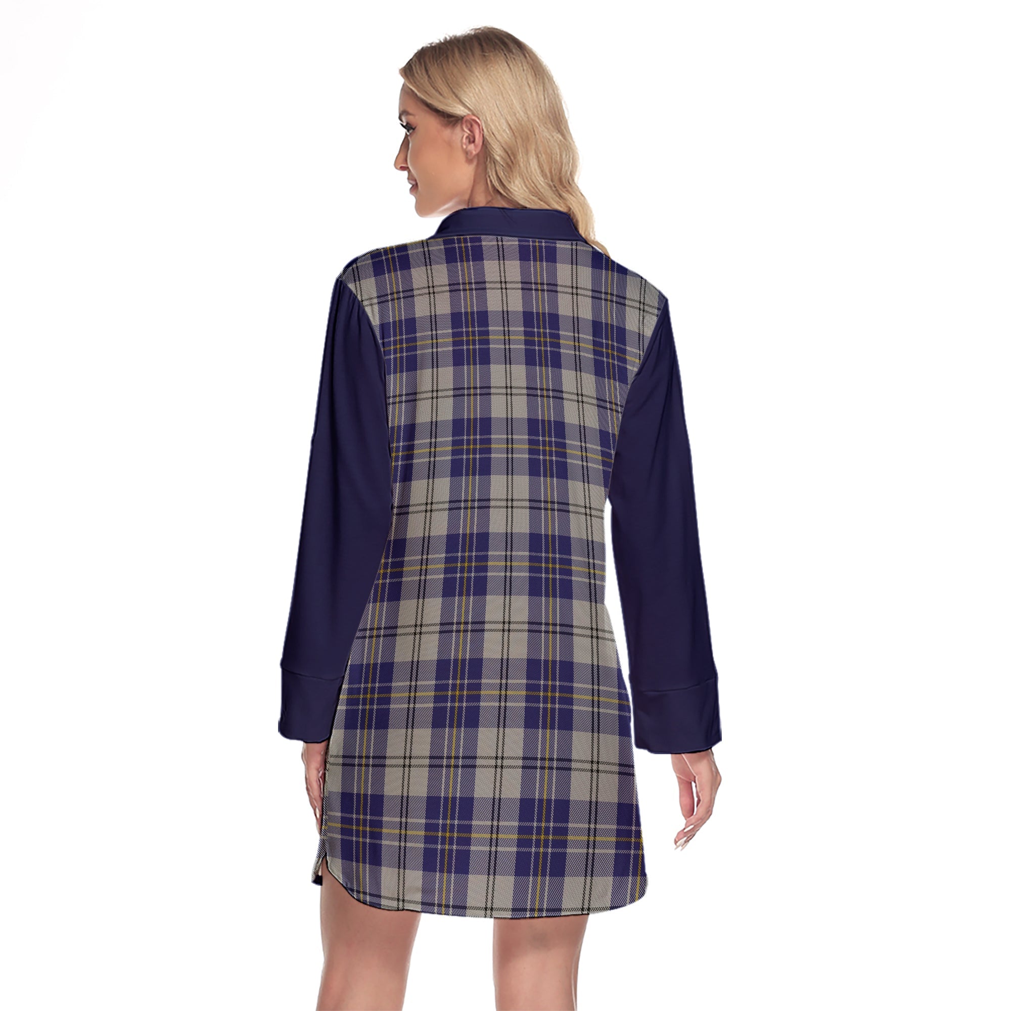 MacPherson Dress Blue Tartan Women's Lapel Shirt Dress With Long Sleeve