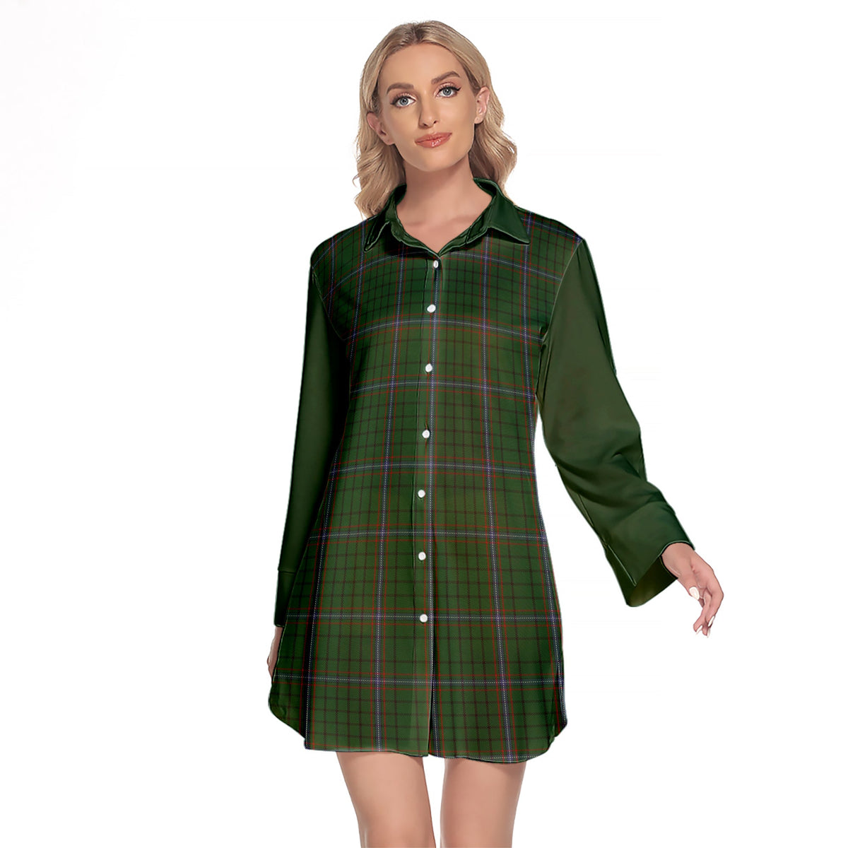 MacRae Tartan Women's Lapel Shirt Dress With Long Sleeve