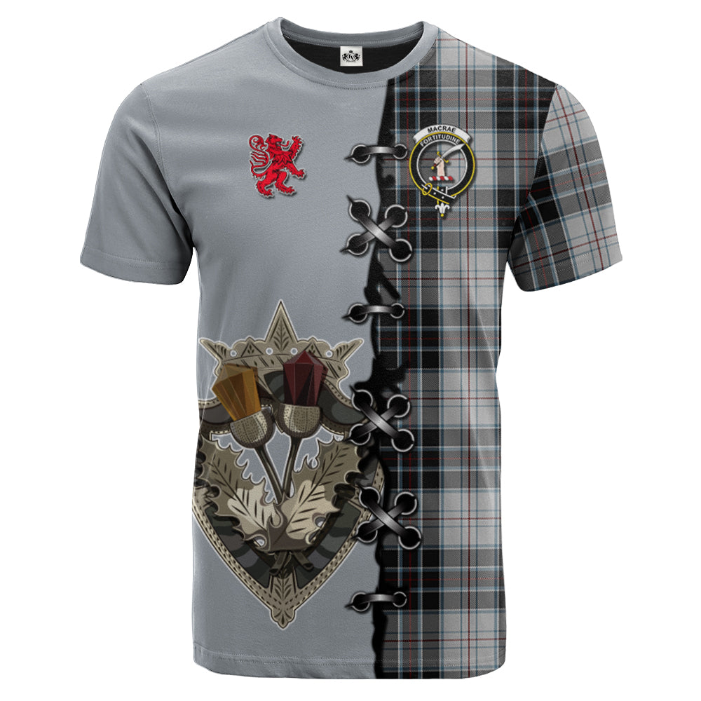 MacRae Dress Tartan T-shirt - Lion Rampant And Celtic Thistle Style