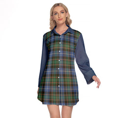 MacRae Hunting Ancient Tartan Women's Lapel Shirt Dress With Long Sleeve