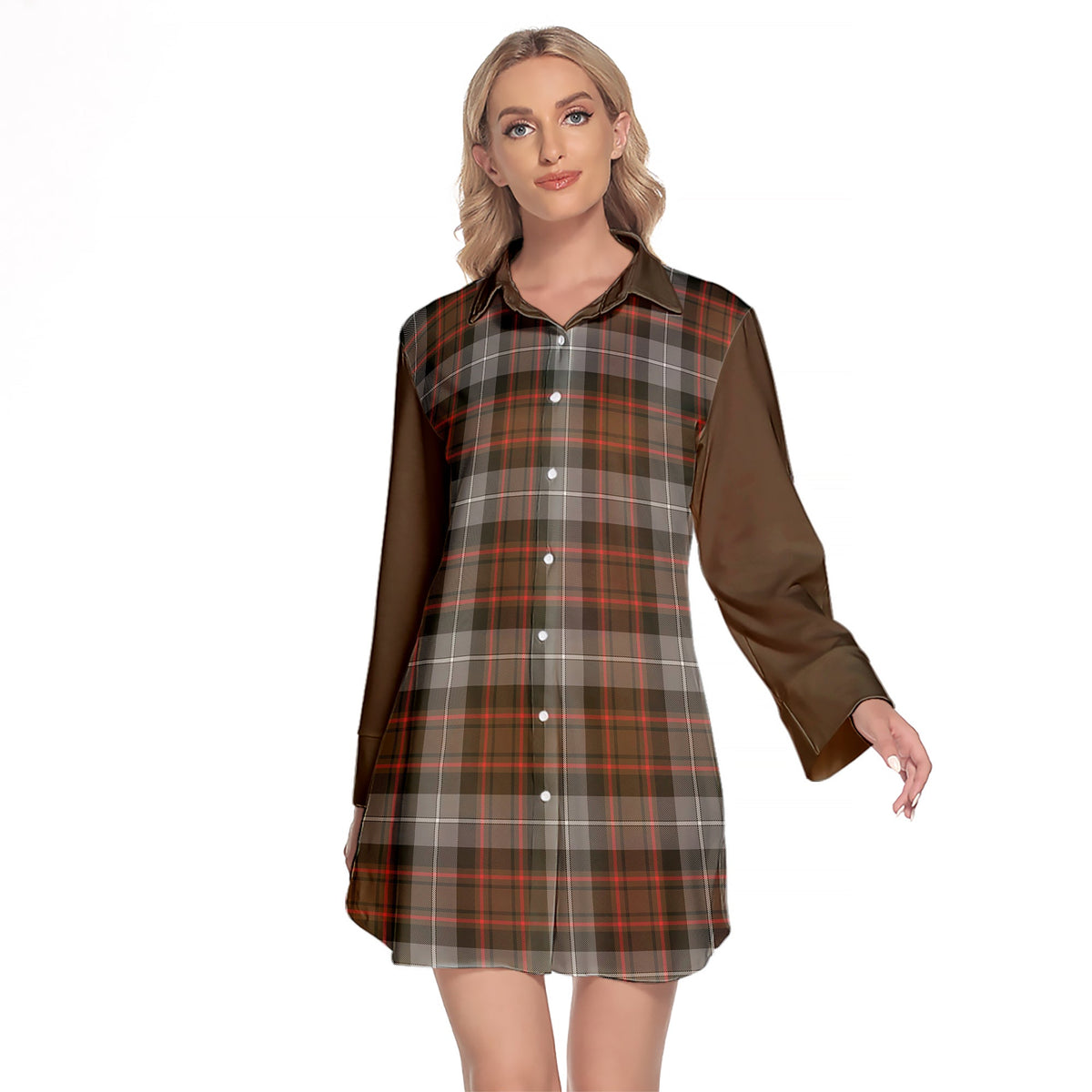 MacRae Hunting Weathered Tartan Women's Lapel Shirt Dress With Long Sleeve