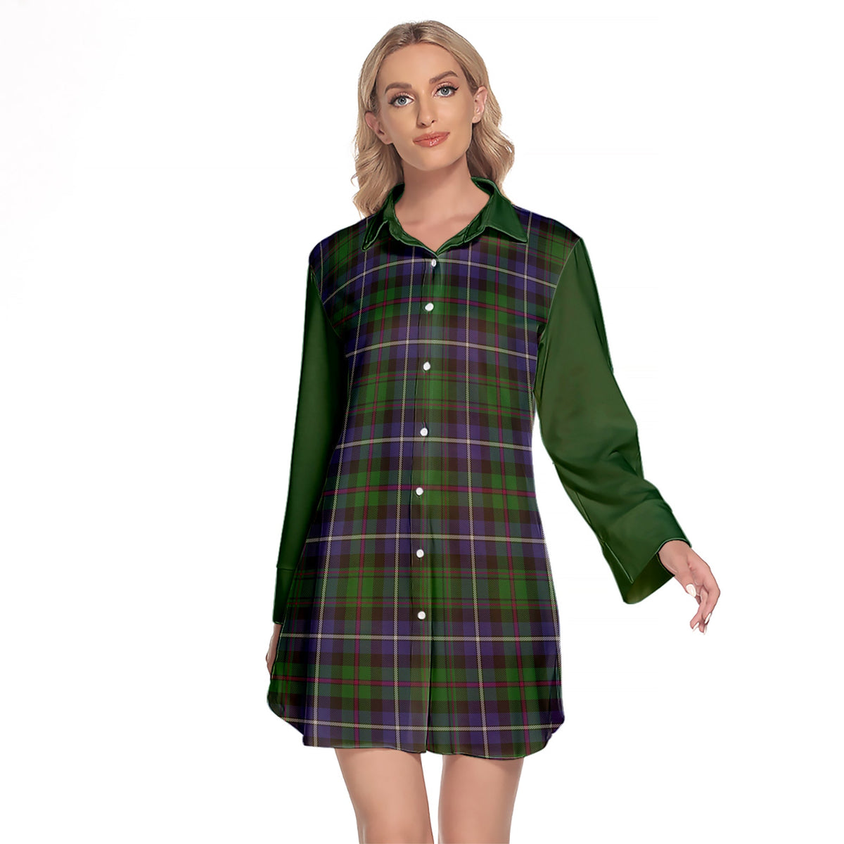 MacRow Hunting Tartan Women's Lapel Shirt Dress With Long Sleeve