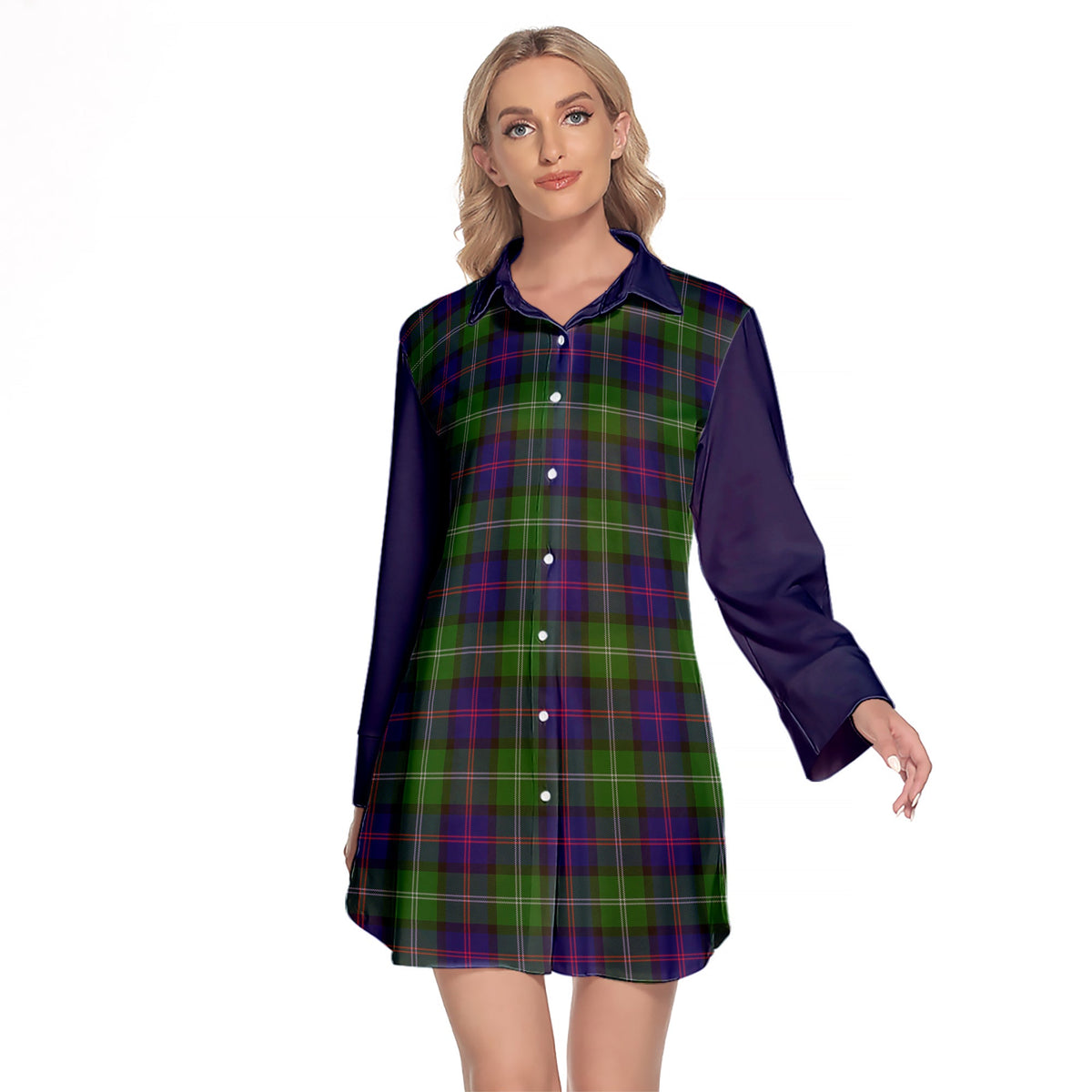 MacThomas Modern Tartan Women's Lapel Shirt Dress With Long Sleeve