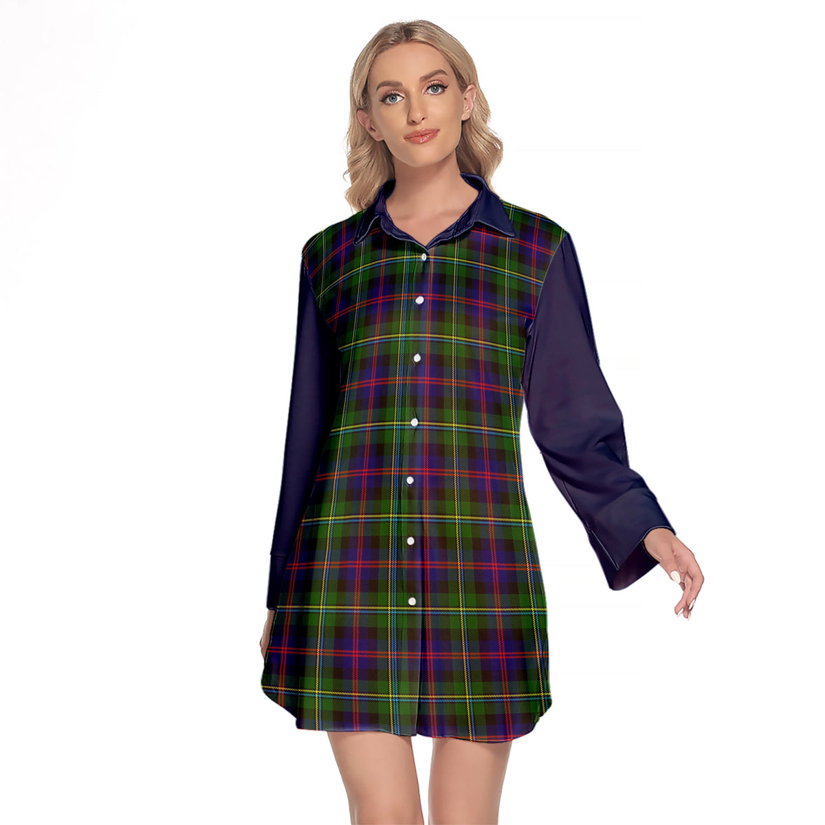 Malcolm Tartan Women's Lapel Shirt Dress With Long Sleeve