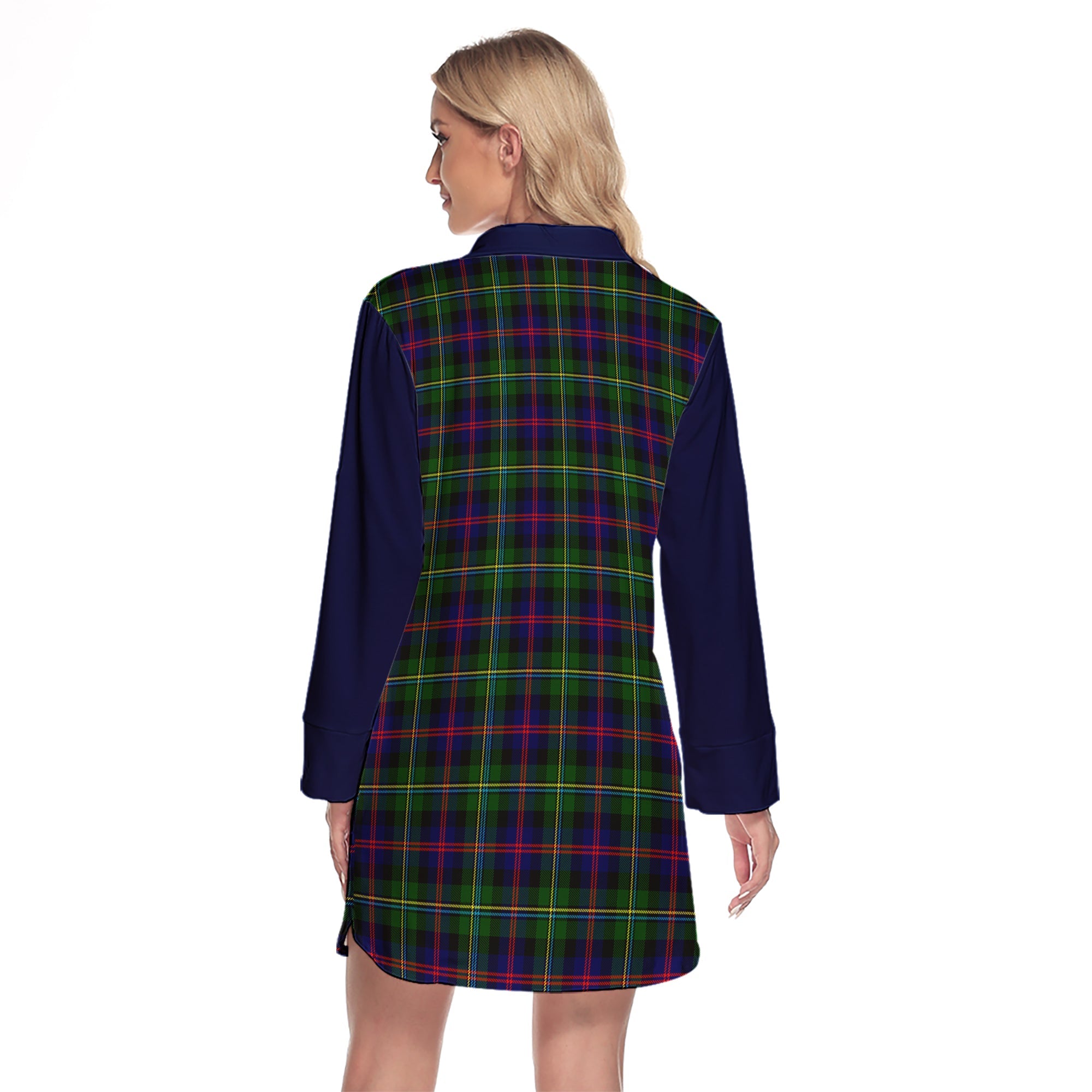 Malcolm Tartan Women's Lapel Shirt Dress With Long Sleeve