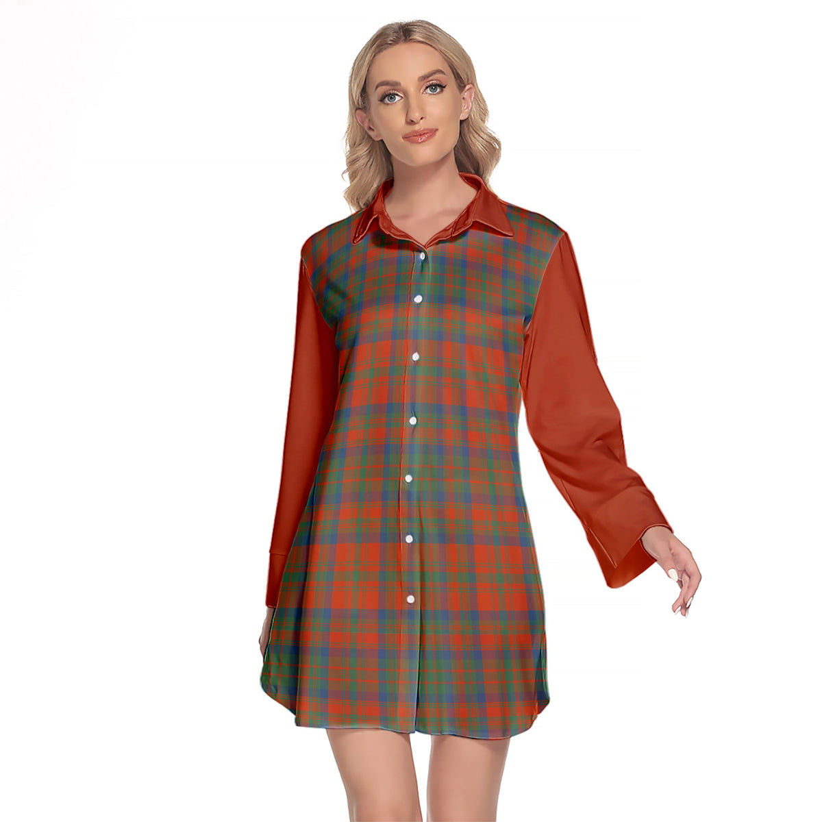 Matheson Ancient Tartan Women's Lapel Shirt Dress With Long Sleeve