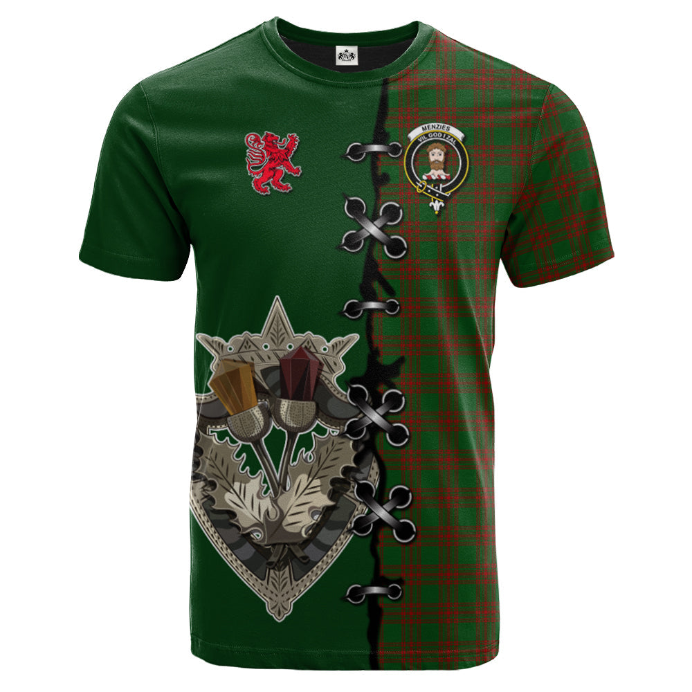 Menzies Tartan T-shirt - Lion Rampant And Celtic Thistle Style