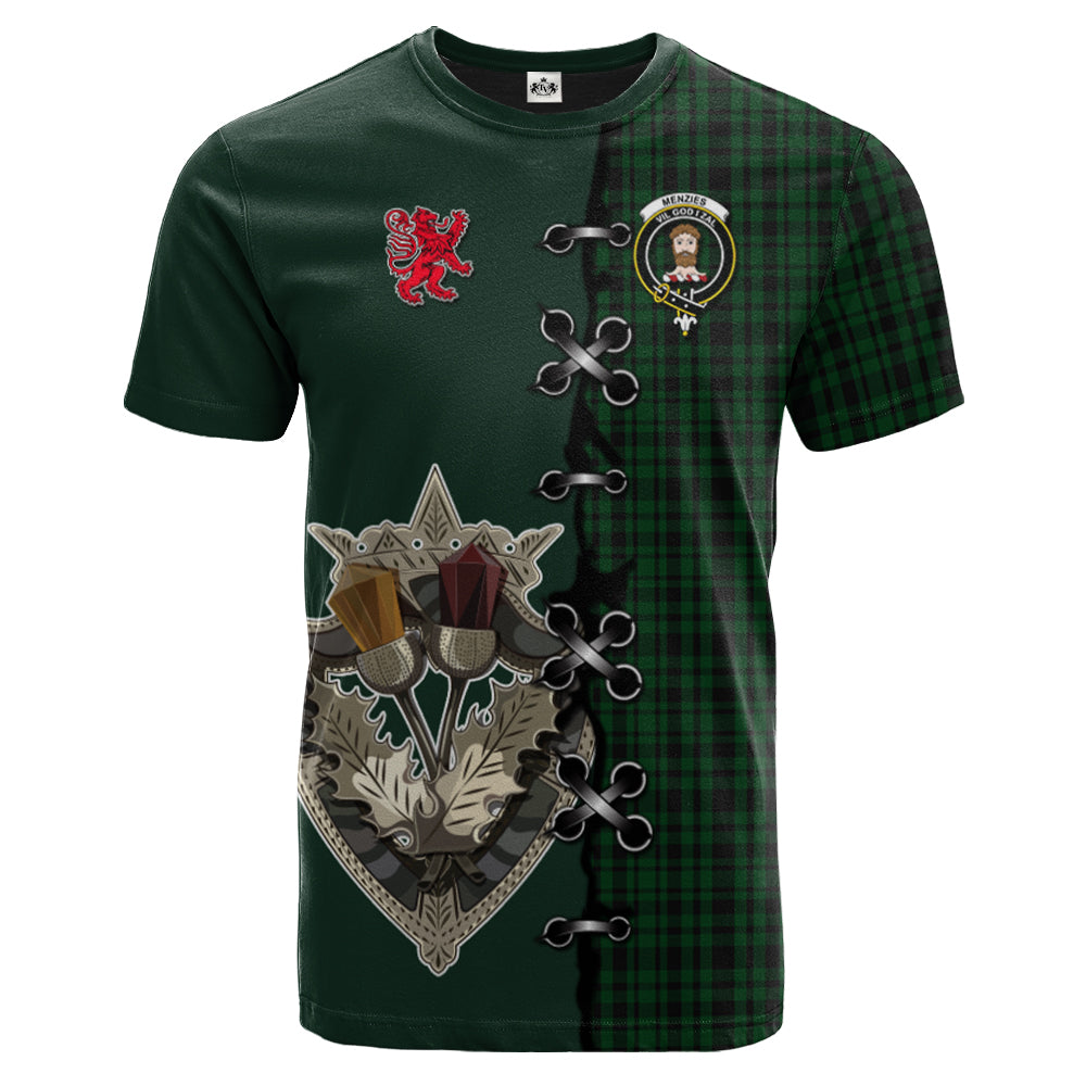 Menzies Green Tartan T-shirt - Lion Rampant And Celtic Thistle Style