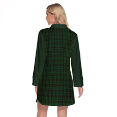 Menzies Green Tartan Women's Lapel Shirt Dress With Long Sleeve