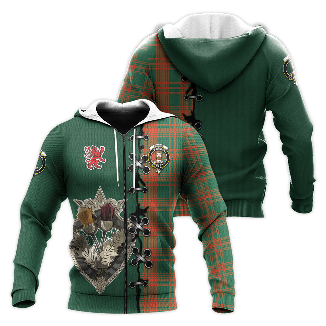 Menzies Green Ancient Tartan Hoodie - Lion Rampant And Celtic Thistle Style