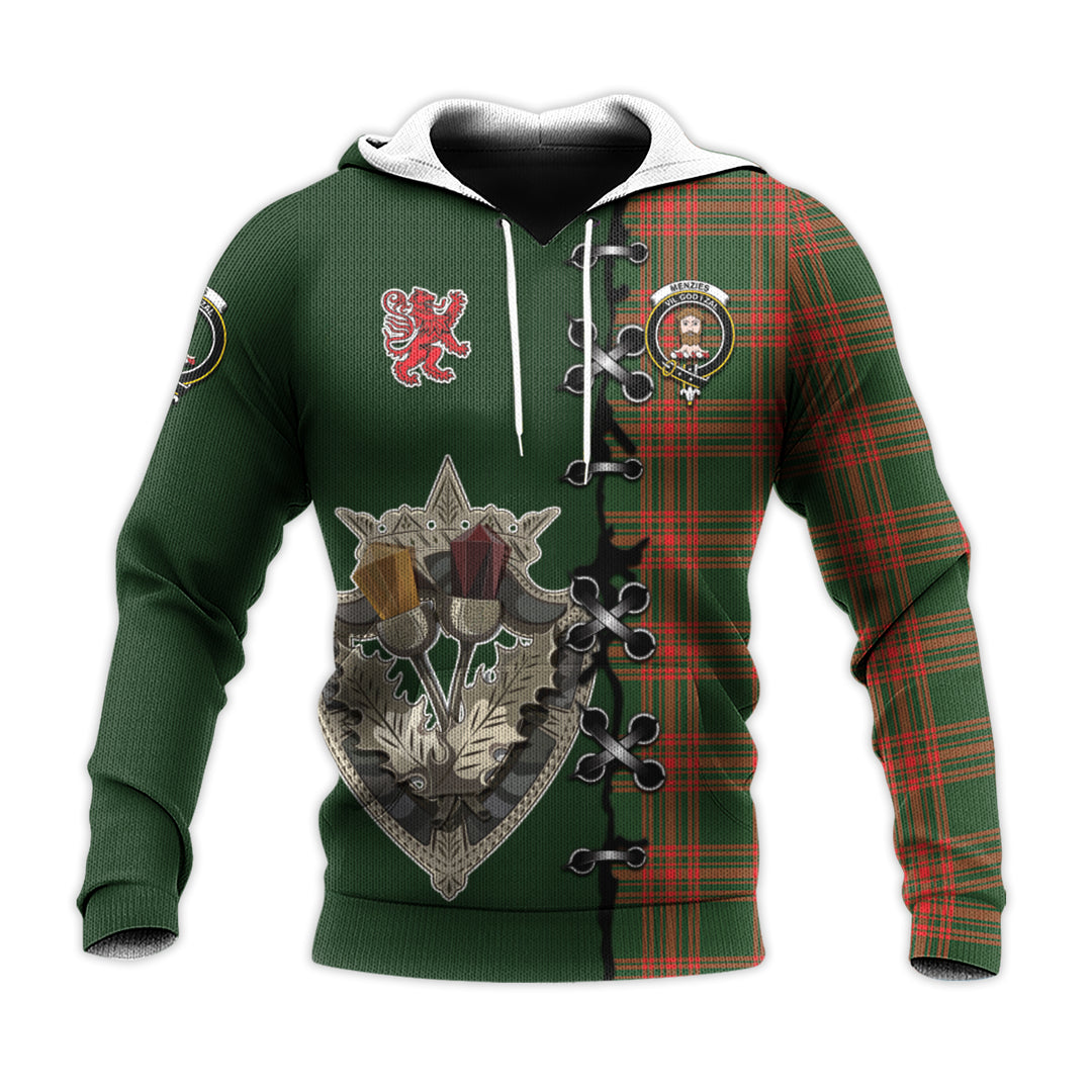 Menzies Green Modern Tartan Hoodie - Lion Rampant And Celtic Thistle Style