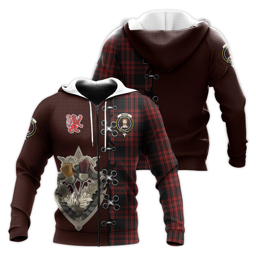 Menzies Hunting Tartan Hoodie - Lion Rampant And Celtic Thistle Style