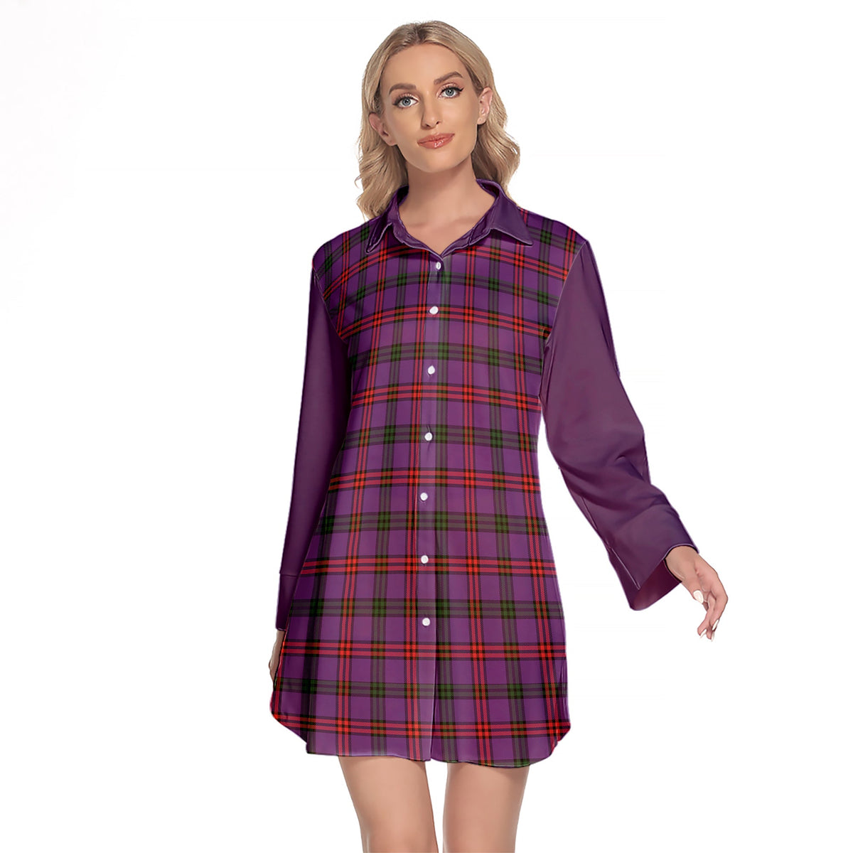 Montgomery Modern Tartan Women's Lapel Shirt Dress With Long Sleeve