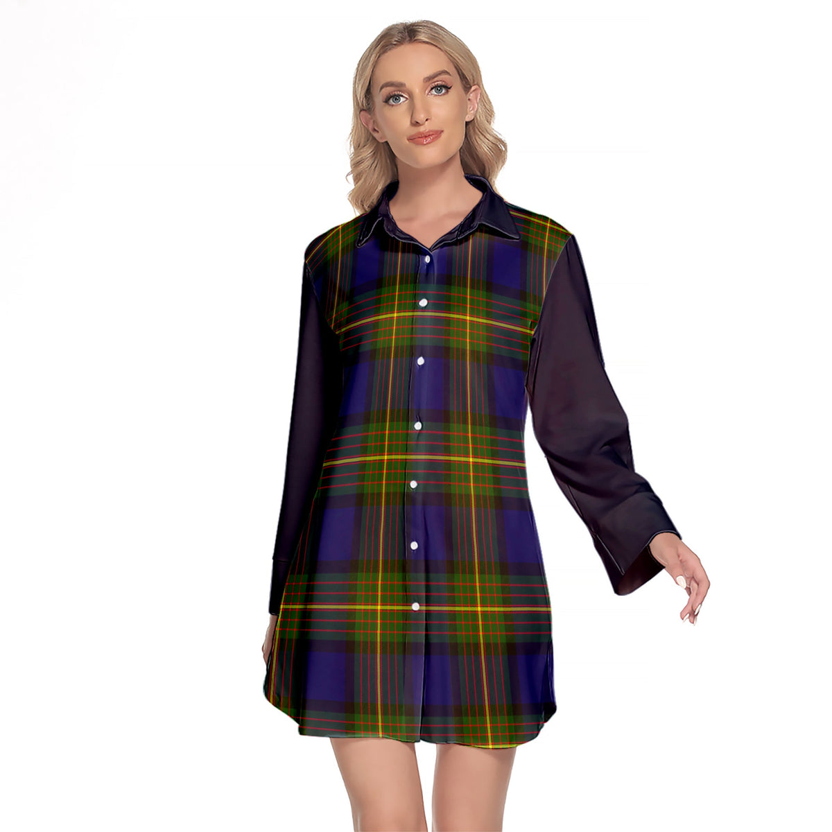 Moore Tartan Women's Lapel Shirt Dress With Long Sleeve