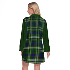 Mow Tartan Women's Lapel Shirt Dress With Long Sleeve