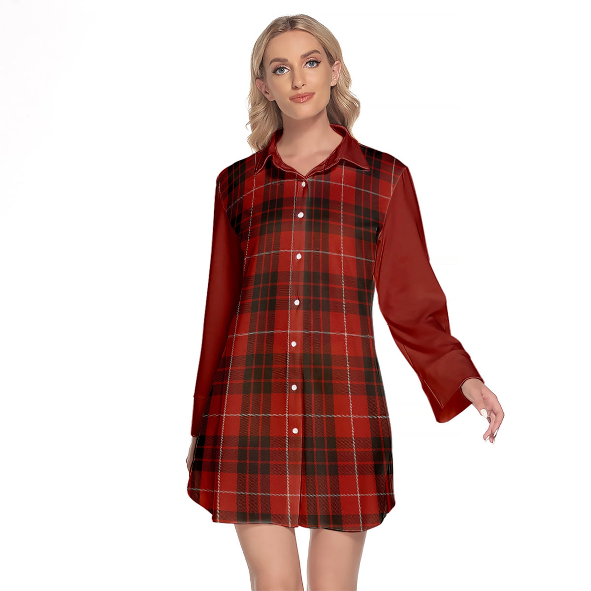 Munro Black And Red Tartan Women's Lapel Shirt Dress With Long Sleeve