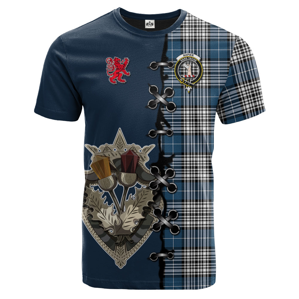 Napier Modern Tartan T-shirt - Lion Rampant And Celtic Thistle Style