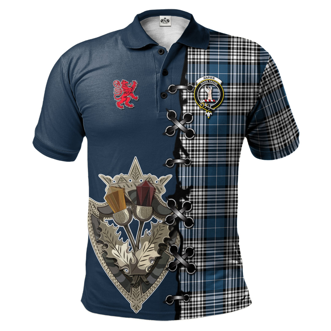 Napier Modern Tartan Polo Shirt - Lion Rampant And Celtic Thistle Style