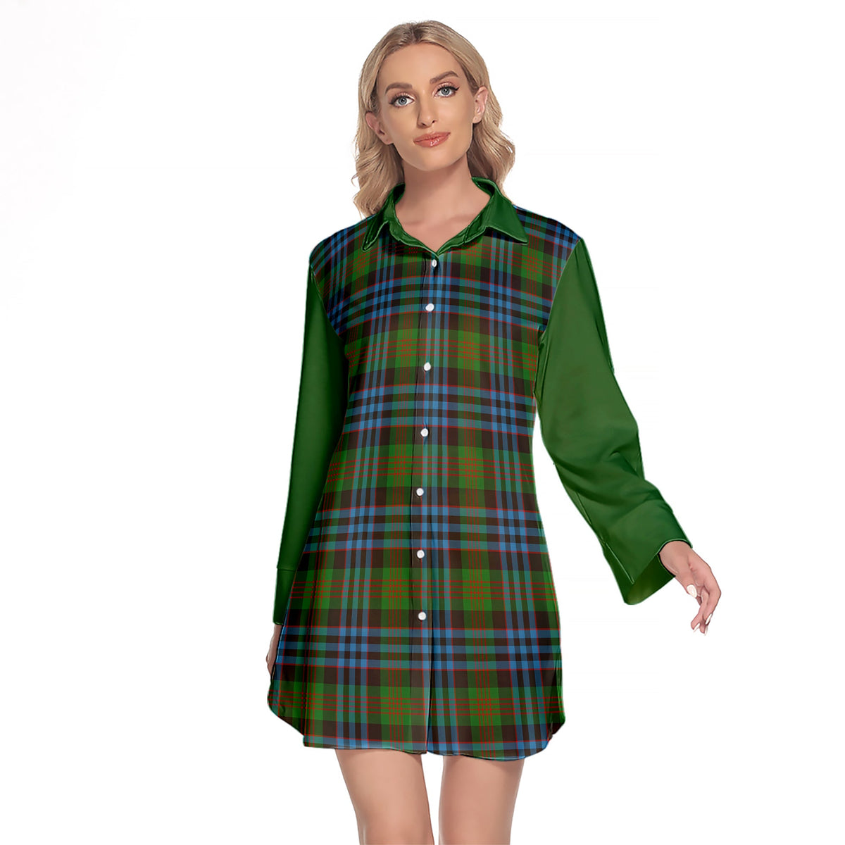 Newlands Of Lauriston Tartan Women's Lapel Shirt Dress With Long Sleeve