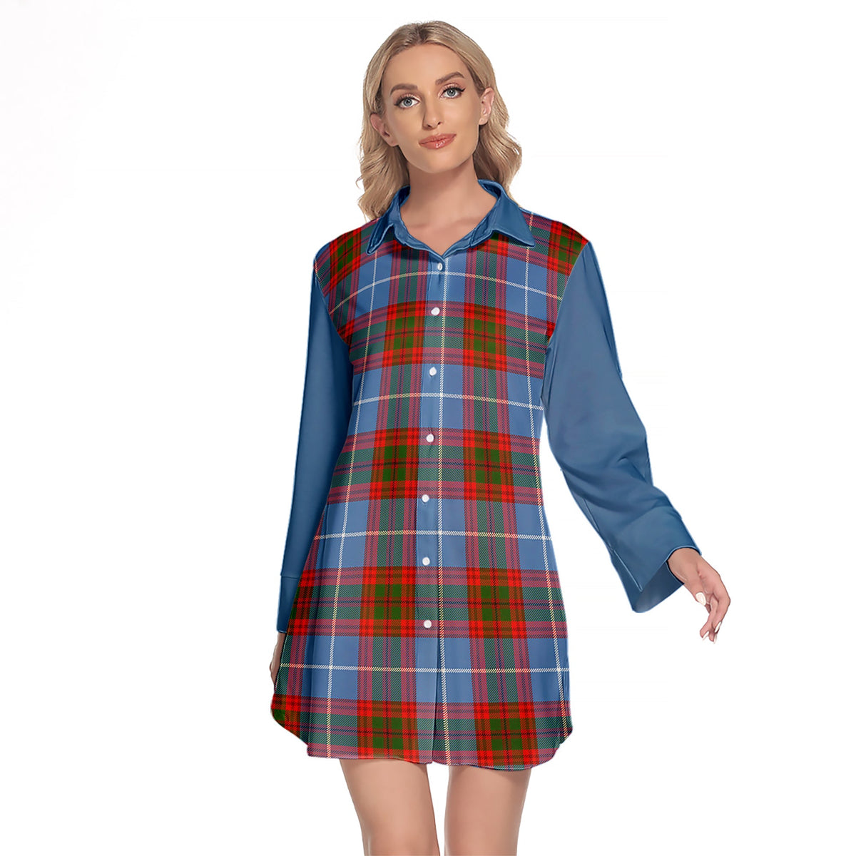 Newton Tartan Women's Lapel Shirt Dress With Long Sleeve