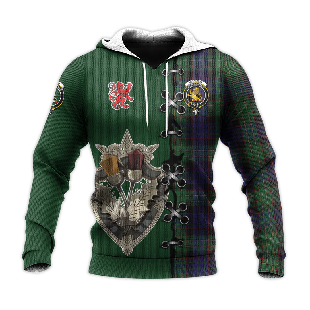 Nicolson Green Hunting Tartan Hoodie - Lion Rampant And Celtic Thistle Style