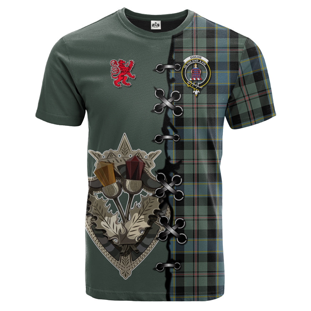 Ogilvie (Ogilvy) Hunting Tartan T-shirt - Lion Rampant And Celtic Thistle Style