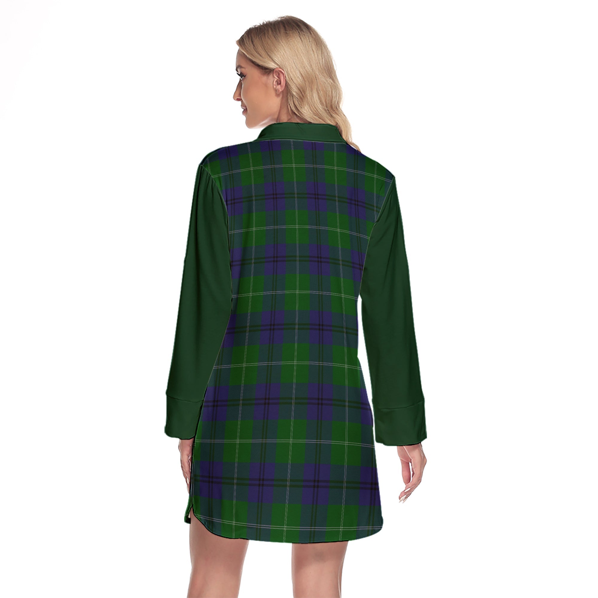 Oliphant Tartan Women's Lapel Shirt Dress With Long Sleeve