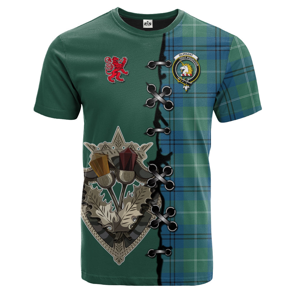 Oliphant Ancient Tartan T-shirt - Lion Rampant And Celtic Thistle Style