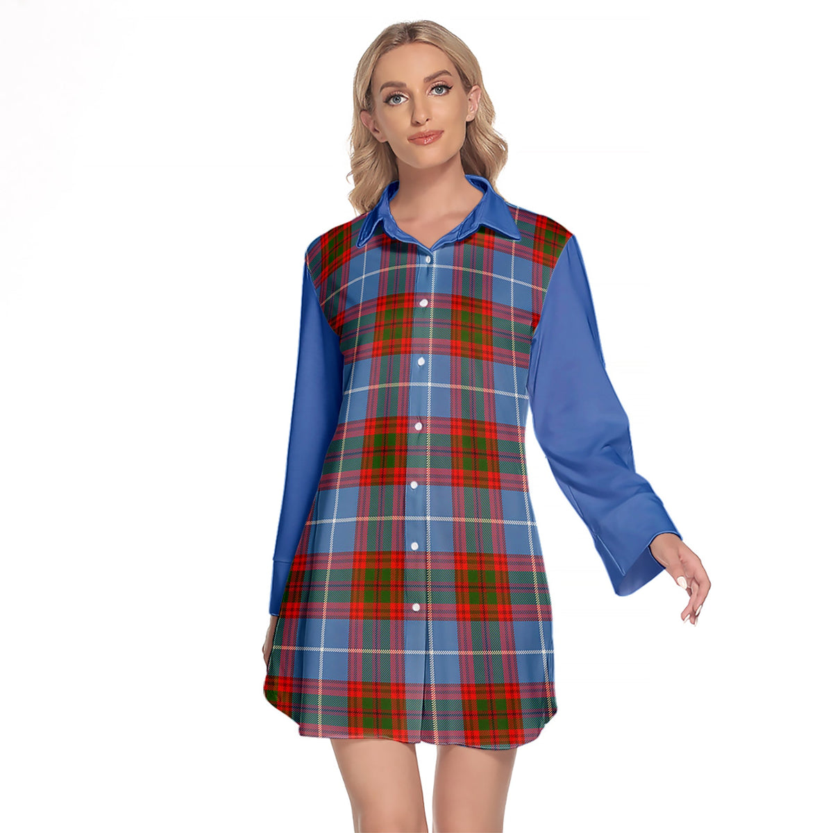 Preston Tartan Women's Lapel Shirt Dress With Long Sleeve