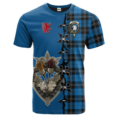 Ramsay Blue Ancient Tartan T-shirt - Lion Rampant And Celtic Thistle Style