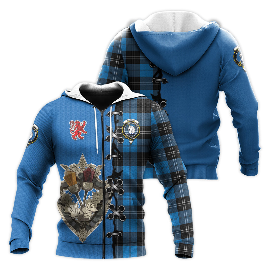 Ramsay Blue Ancient Tartan Hoodie - Lion Rampant And Celtic Thistle Style