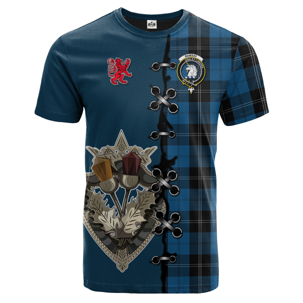 Ramsay Blue Hunting Tartan T-shirt - Lion Rampant And Celtic Thistle Style