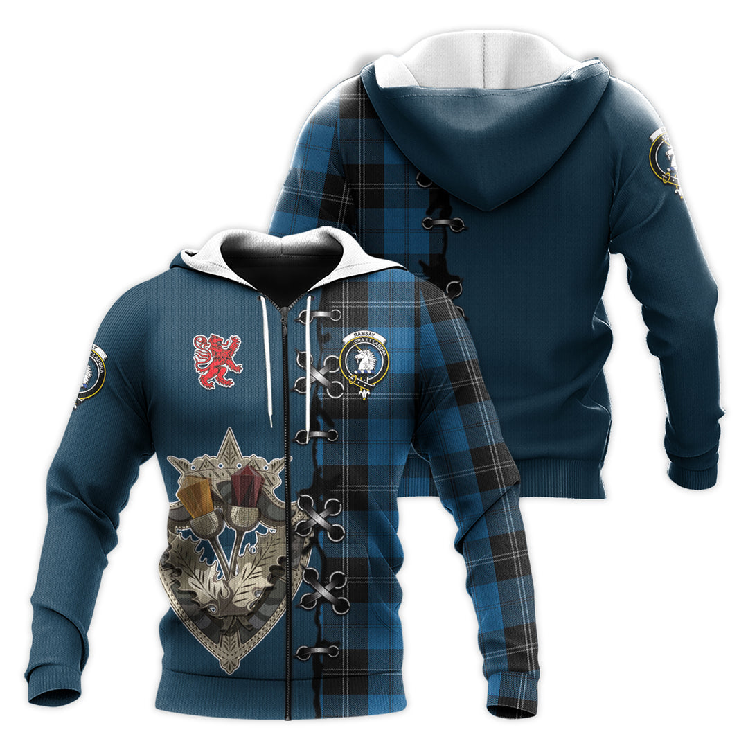 Ramsay Blue Hunting Tartan Hoodie - Lion Rampant And Celtic Thistle Style