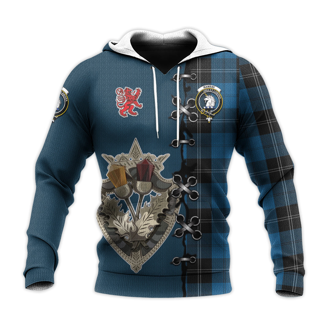 Ramsay Blue Hunting Tartan Hoodie - Lion Rampant And Celtic Thistle Style