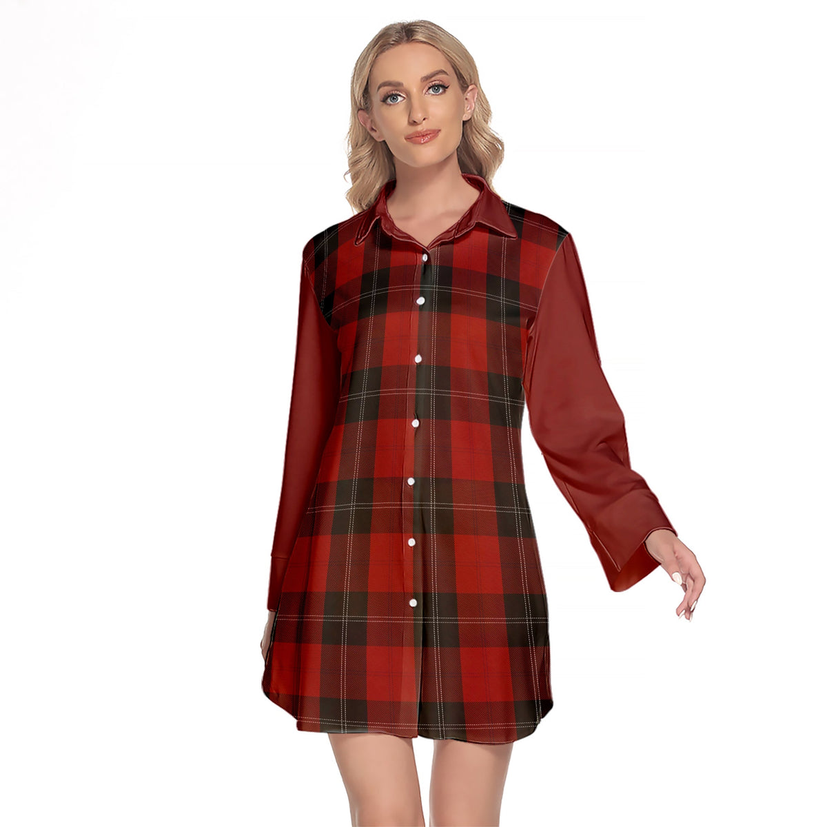 Ramsay Red Tartan Women's Lapel Shirt Dress With Long Sleeve