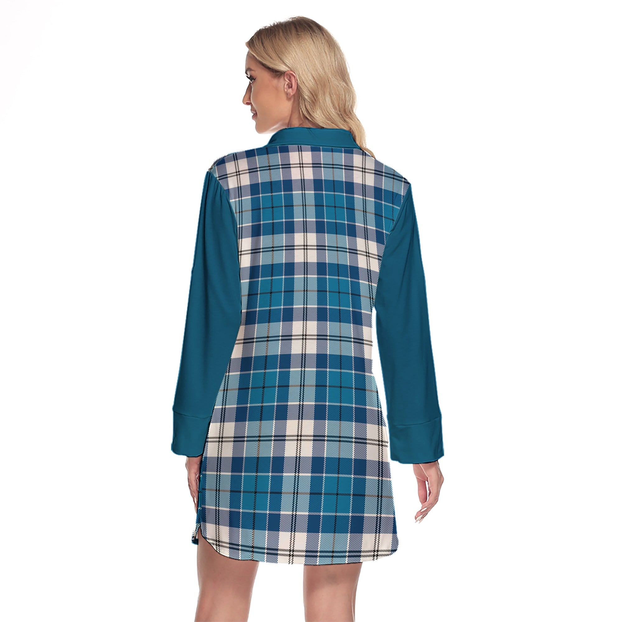 Roberton Tartan Women's Lapel Shirt Dress With Long Sleeve