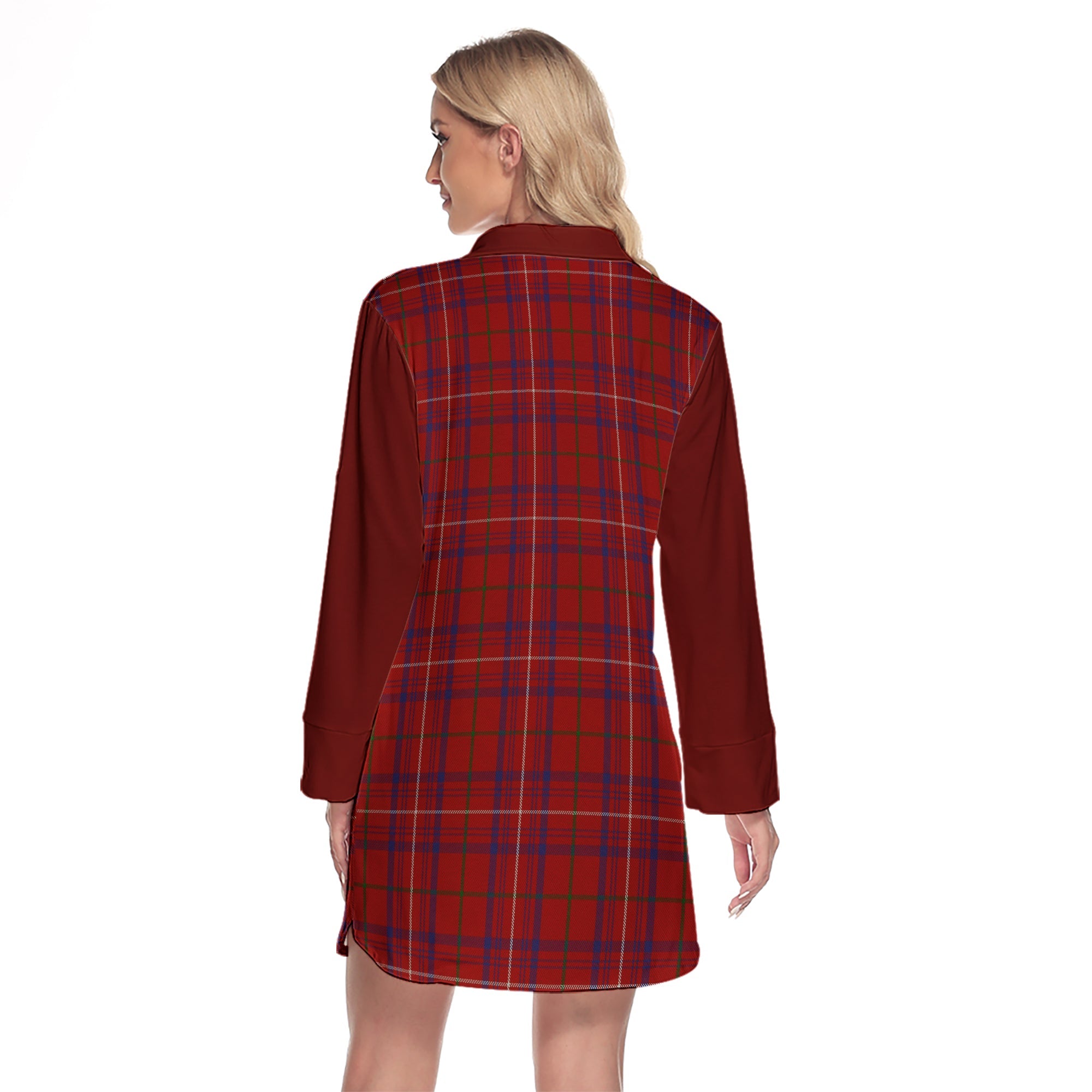 Rose Tartan Women's Lapel Shirt Dress With Long Sleeve