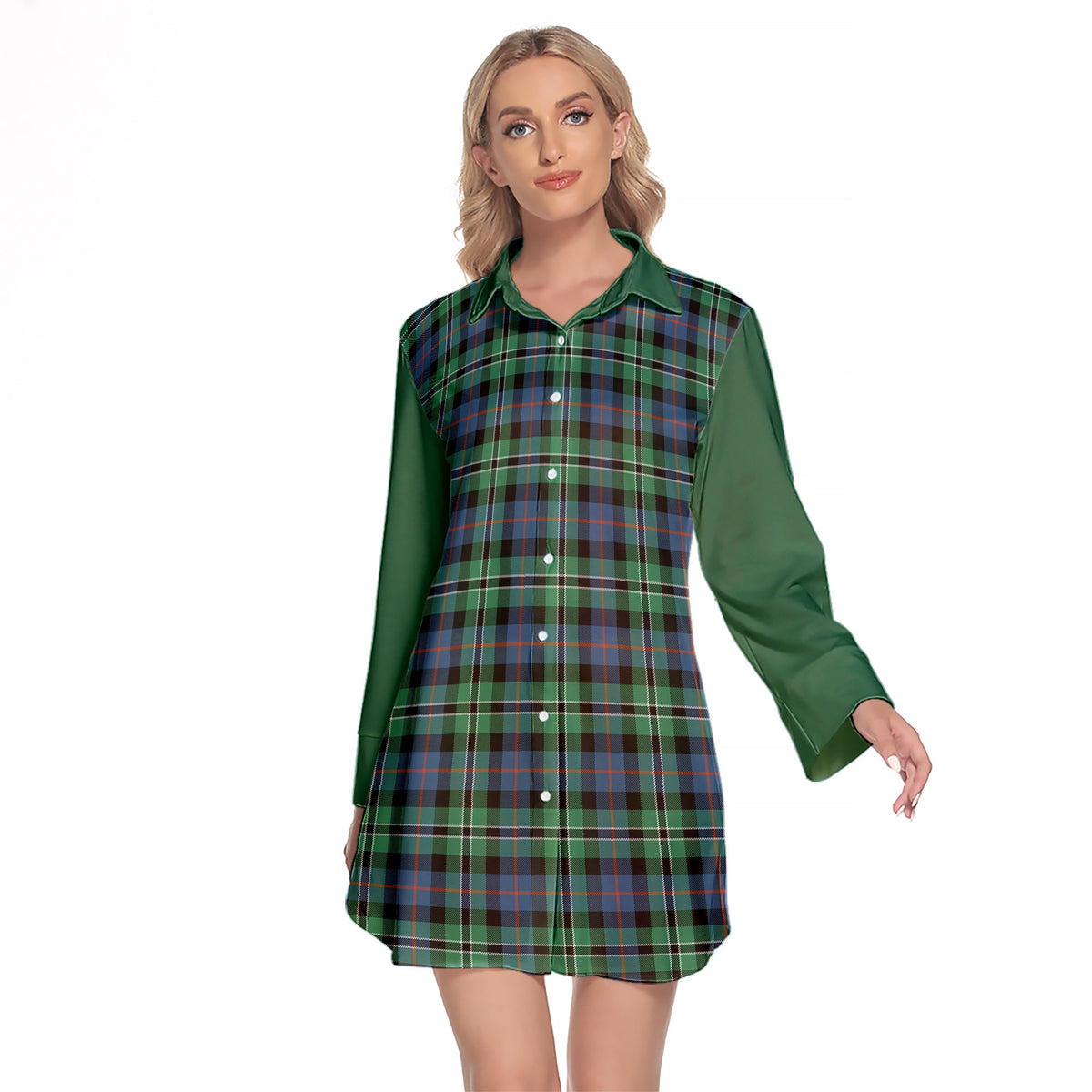 Rose Hunting Ancient Tartan Women's Lapel Shirt Dress With Long Sleeve