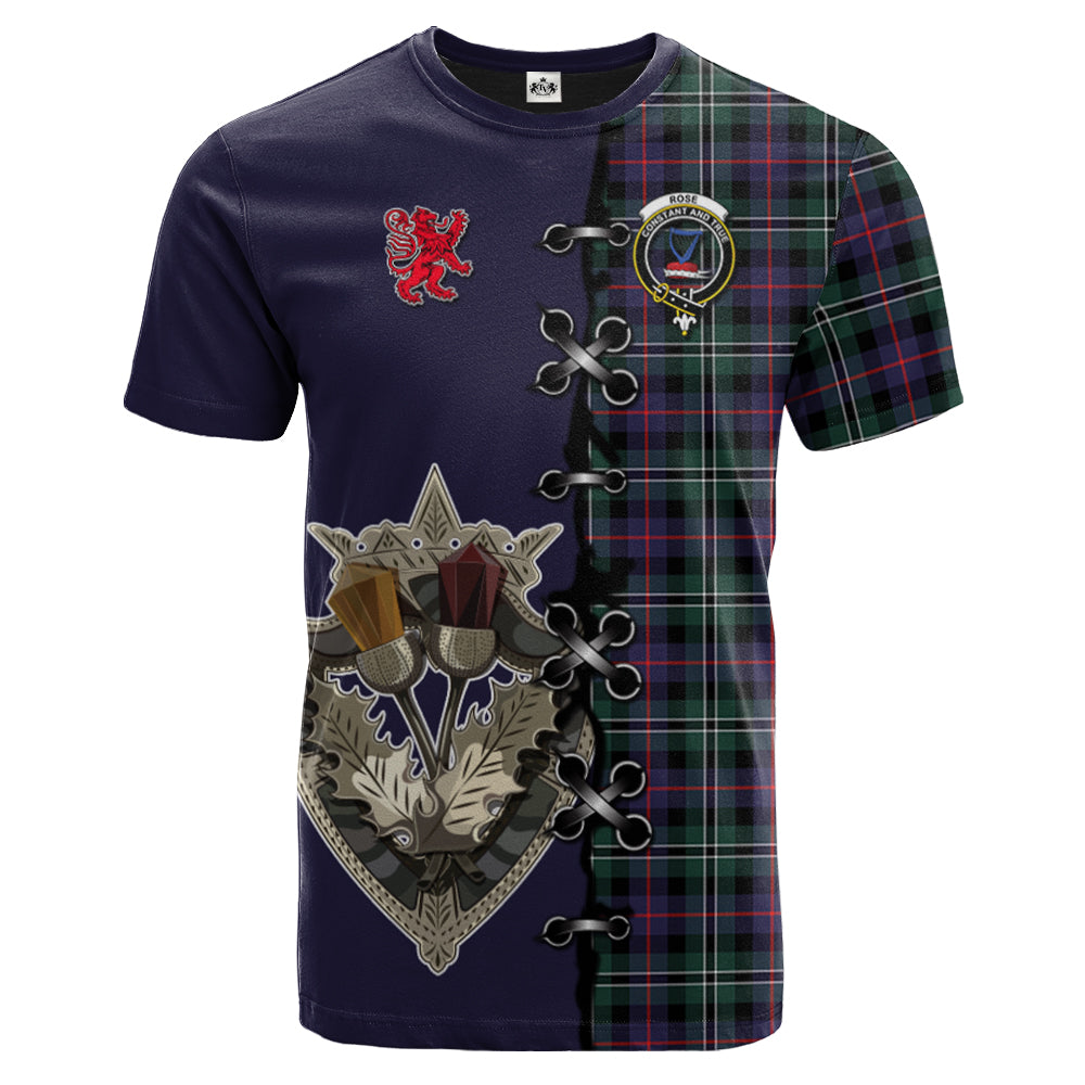 Rose Hunting Modern Tartan T-shirt - Lion Rampant And Celtic Thistle Style