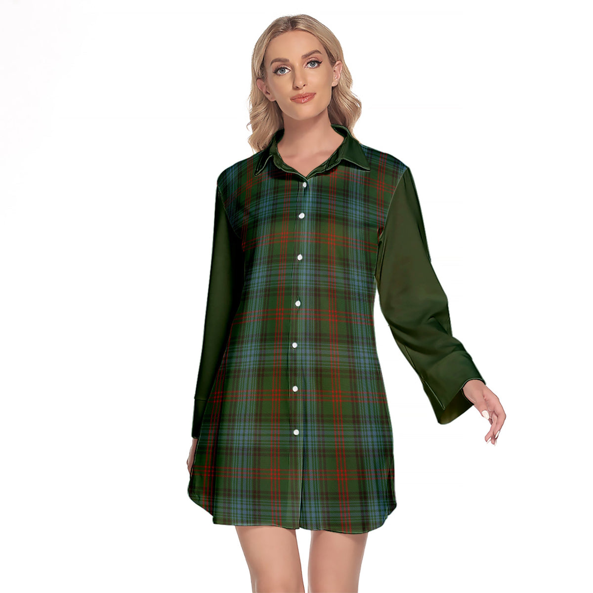 Ross Hunting Tartan Women's Lapel Shirt Dress With Long Sleeve