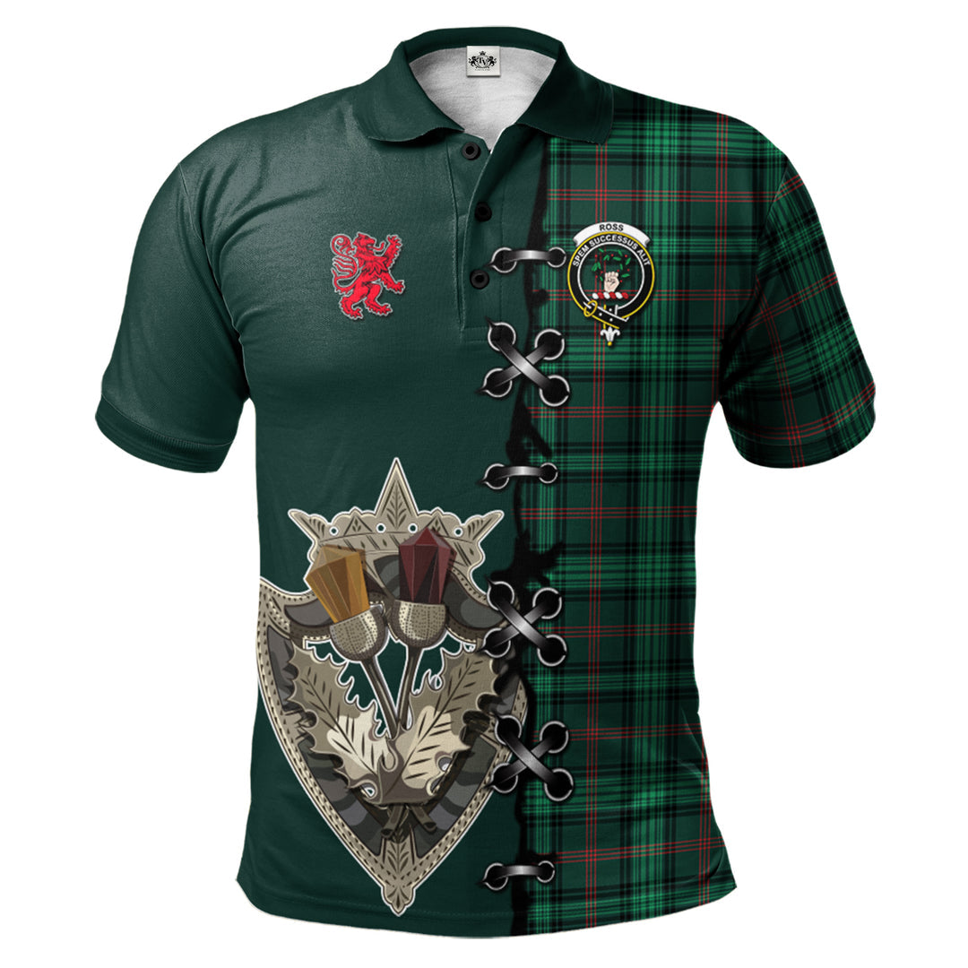 Ross Hunting Modern Tartan Polo Shirt - Lion Rampant And Celtic Thistle Style