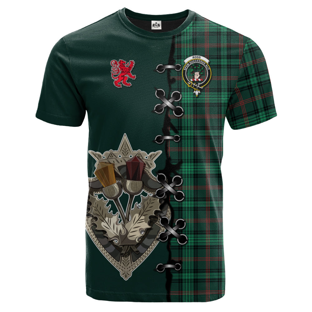 Ross Hunting Modern Tartan T-shirt - Lion Rampant And Celtic Thistle Style