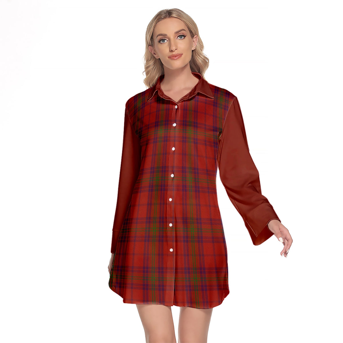 Ross Old Tartan Women's Lapel Shirt Dress With Long Sleeve