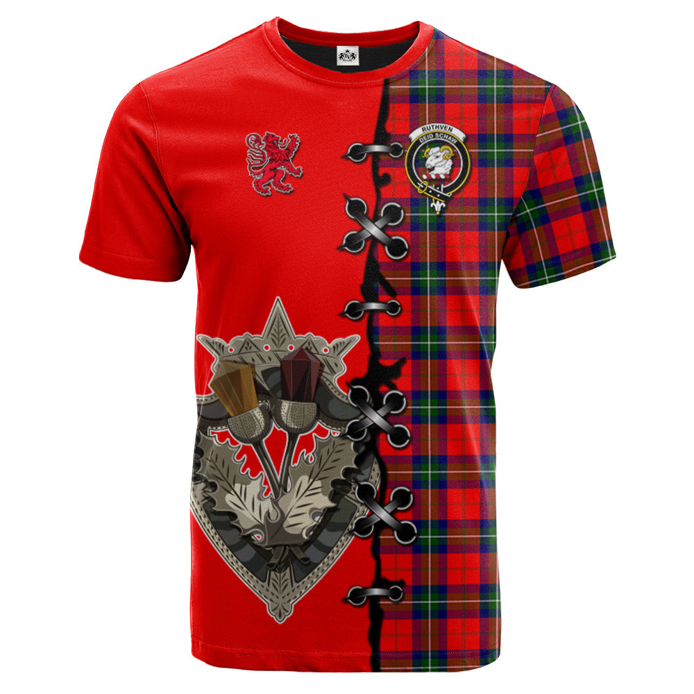 Ruthven Modern Tartan T-shirt - Lion Rampant And Celtic Thistle Style